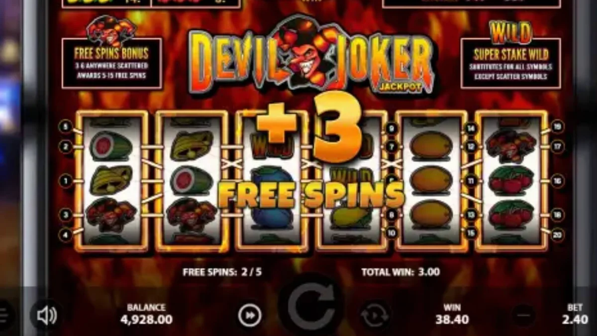 Tampilan visual slot Devil Joker Jackpot dengan nuansa api dan simbol retro