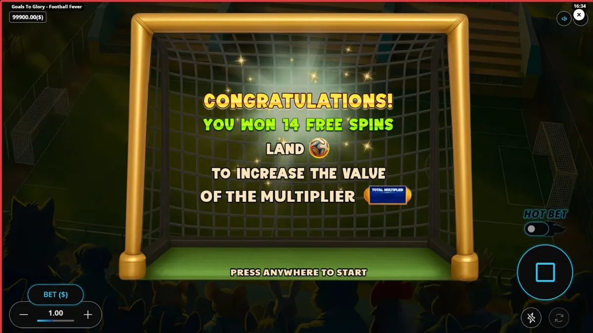 Tampilan visual slot Goals to Glory Football Fever dengan karakter hewan atlet